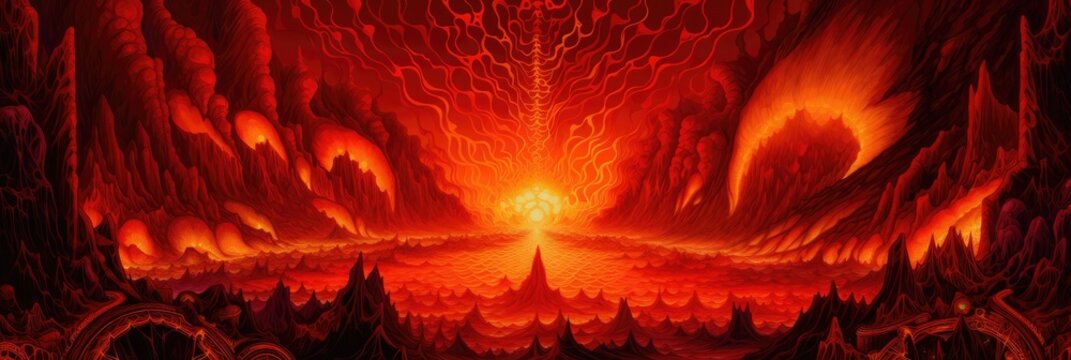 Searing hot landscape of volcanoes and ever burning brimstone hell, otherworldly fiery sun that never sets over this apocalyptic oceans of lava damned realm - generative AI