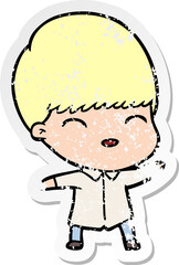distressed sticker of a happy cartoon boy