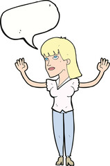 cartoon woman throwing hands in air with speech bubble