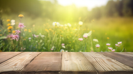 Wooden table background on sunny meadow with wildflowers blurred view. Generated AI