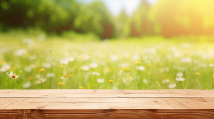 Wooden table background on sunny meadow with wildflowers blurred view. Generated AI