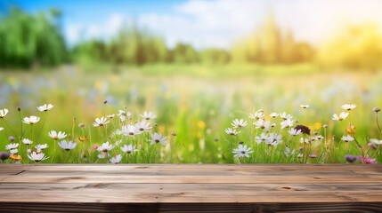 Wooden table background on sunny meadow with wildflowers blurred view. Generated AI