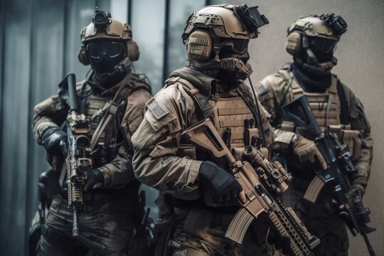 A military special force with futuristic tactical gear and weapons. Modern warfare infantry troops with assault rifles and bulletproof vests. Futuristic army force with tactical helmets. Generative AI