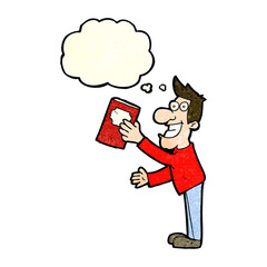 cartoon man with book with thought bubble