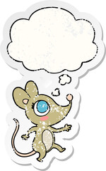 cartoon mouse and thought bubble as a distressed worn sticker