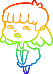 Fototapeta na wymiar rainbow gradient line drawing cartoon worried woman