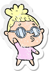 distressed sticker of a cartoon woman wearing glasses