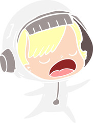 flat color style cartoon talking astronaut woman