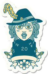 human bard character with natural 20 dice roll sticker