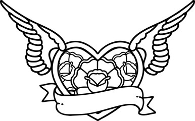 black line tattoo of a flying heart with flowers and banner