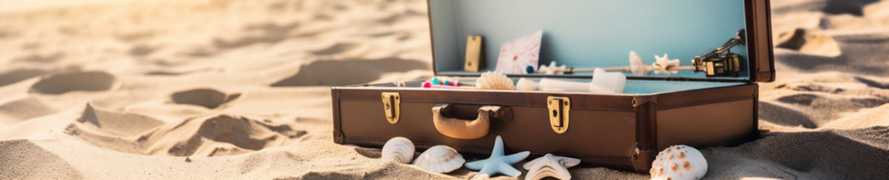 Beach Preparation - Accessories In Suitcase On Sand. Generative AI.