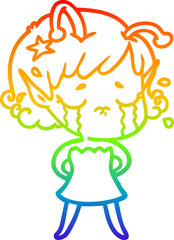 rainbow gradient line drawing cartoon crying alien girl