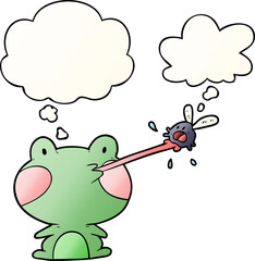 cartoon frog catching fly and thought bubble in smooth gradient style