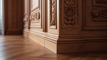 Fototapeta premium house detail design wooden floor and wall moulding treatment detail daytime, image ai generate