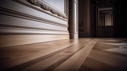 house detail design wooden floor and wall moulding treatment detail daytime, image ai generate