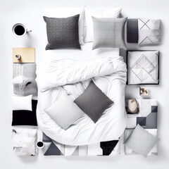 Bedroom in white, grey and black colors. White backdrop. Top perspective. Generative AI.