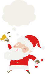 cartoon santa claus with hot cocoa and thought bubble in retro style