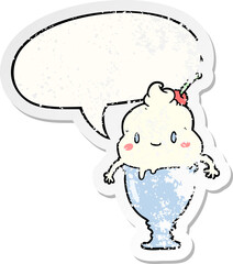 cute cartoon ice cream and speech bubble distressed sticker