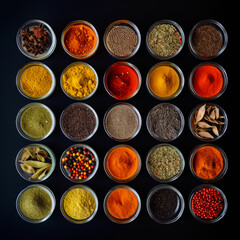 Jars filled with spices and arranged in a square. Colorful spices and herbs variety from top view. Black backdrop. Generative AI.