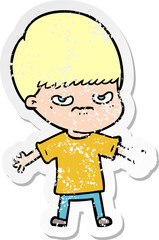 distressed sticker of a annoyed cartoon boy