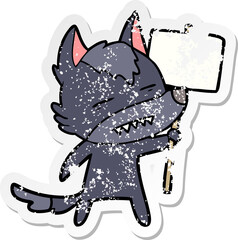 Obraz premium distressed sticker of a cartoon wolf with sign post showing teeth