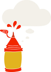 cartoon ketchup bottle and thought bubble in retro style
