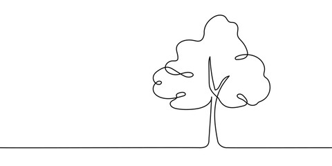 Tree plant doodle outline vector forest environment. Continuous one line tree plant for eco, nature, garden logo design. Ecology green concept, background. Vector illustration