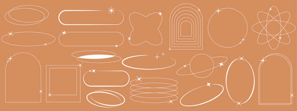 Modern minimalist aesthetic linear frames. Stars, starburst icons and minimalist frames and borders with twinkle star. Frame figures with sparkles. Vector illustration EPS 10