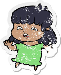 distressed sticker of a cartoon worried woman