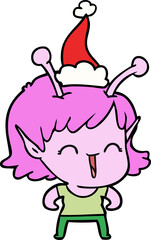 line drawing of a alien girl laughing wearing santa hat