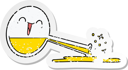 distressed sticker of a happy cartoon spilled chemicals