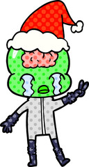 comic book style illustration of a big brain alien crying and giving peace sign wearing santa hat