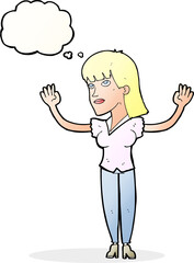 cartoon woman throwing hands in air with thought bubble