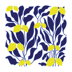 Matisse vector. Lemon with blue leaves illustration. Contemporary design for fabric, accessories, decorative and backgrounds. trendy blue and yellow nature print