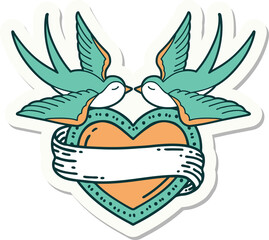 tattoo style sticker of a swallows and a heart with banner