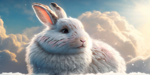 Cute white rabbit in the clouds fabulous rabbit in the sky. Generative AI