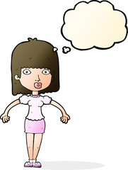 cartoon woman shrugging shoulders with thought bubble