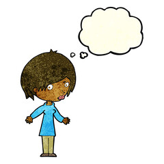 cartoon woman shrugging shoulders with thought bubble