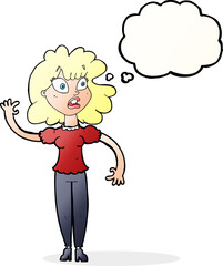 cartoon worried woman waving with thought bubble