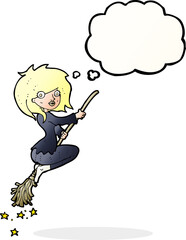 cartoon witch riding broomstick with thought bubble