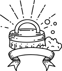 banner with black line work tattoo style scrubbing brush