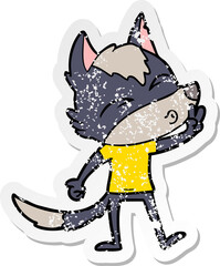 distressed sticker of a cartoon wolf whistling