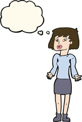 cartoon woman shrugging shoulders with thought bubble