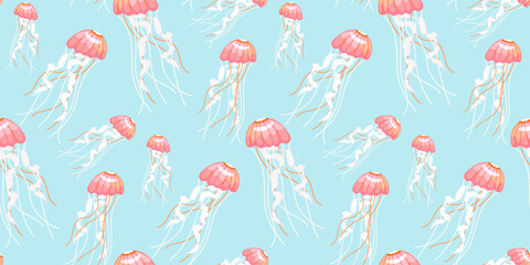    Coastal style hand drawing pink and blue jellyfish seamless pattern, concept of summer, sea, and ocean pastel color background or fabric design © LilaloveDesign