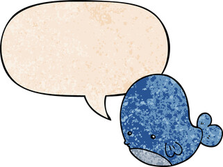 cartoon whale and speech bubble in retro texture style