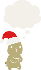 cartoon christmas bear worrying and thought bubble in retro style