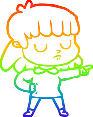 rainbow gradient line drawing cartoon indifferent woman accusing