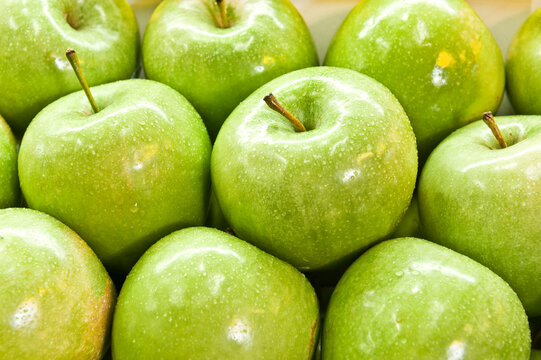 Close up of green apples in a fruit shop