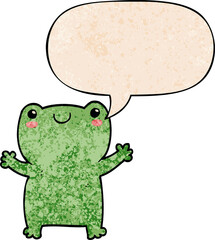 cute cartoon frog and speech bubble in retro texture style