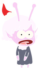flat color illustration of a shocked alien girl wearing santa hat